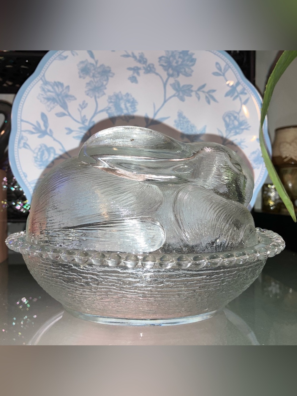 Vintage Indiana Glass Clear Easter Bunny Rabbit on Nest Striated Candy Dish 7”